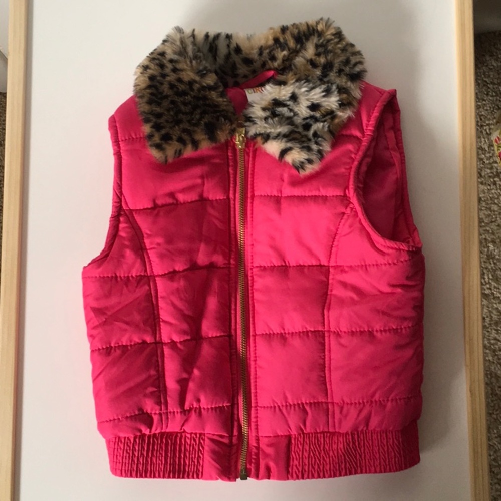 Circle Hot Pink Puffer Vest Faux Leopard Fur Small